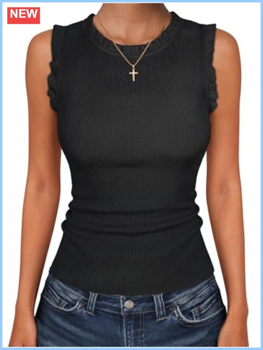 Ruffled Ribbed Tank Top Sleeveless Crew Neck Slim Fit Business Casual